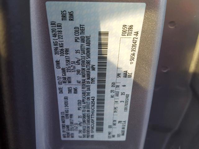 1FMCU0F77HUC92543 - 2017 FORD ESCAPE S SILVER photo 10