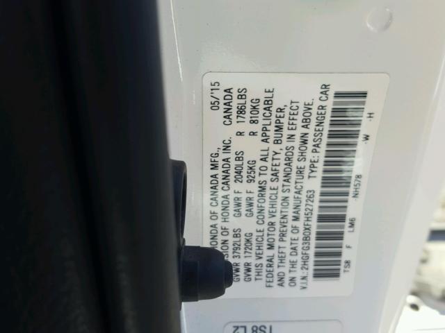 2HGFG3B0XFH527263 - 2015 HONDA CIVIC EXL 白色 照片 10