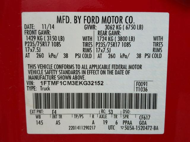 1FTMF1CM3EKG32152 - 2014 FORD F150 RED photo 10