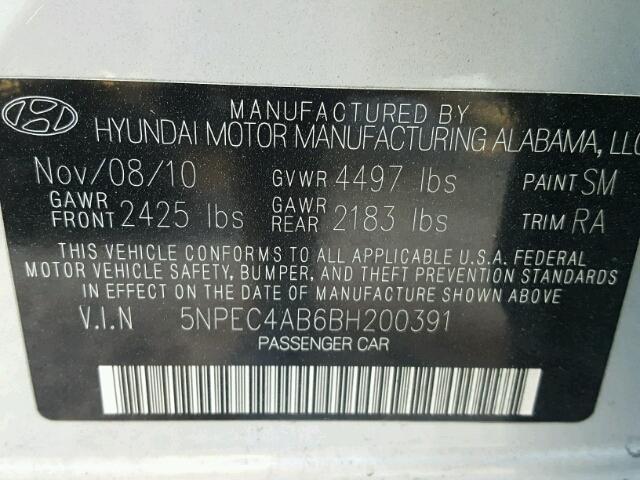 5NPEC4AB6BH200391 - 2011 HYUNDAI SONATA SE SILVER photo 10