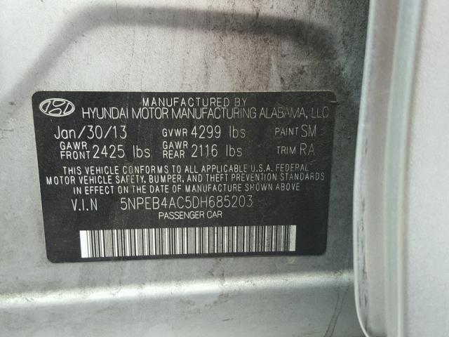 5NPEB4AC5DH685203 - 2013 HYUNDAI SONATA GLS SILVER photo 10