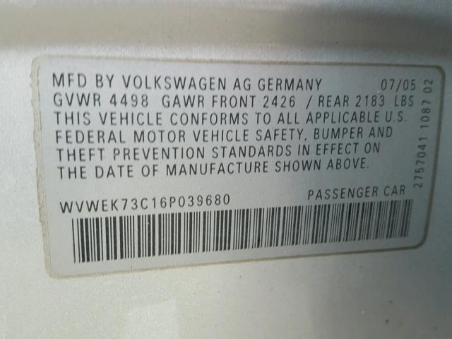 WVWEK73C16P039680 - 2006 VOLKSWAGEN PASSAT 2.0 SILVER photo 10