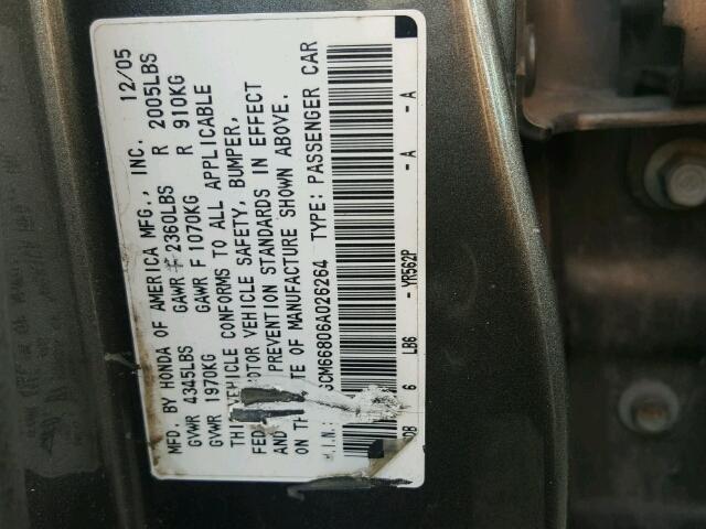 1HGCM66806A026264 - 2006 HONDA ACCORD EX GRAY photo 10