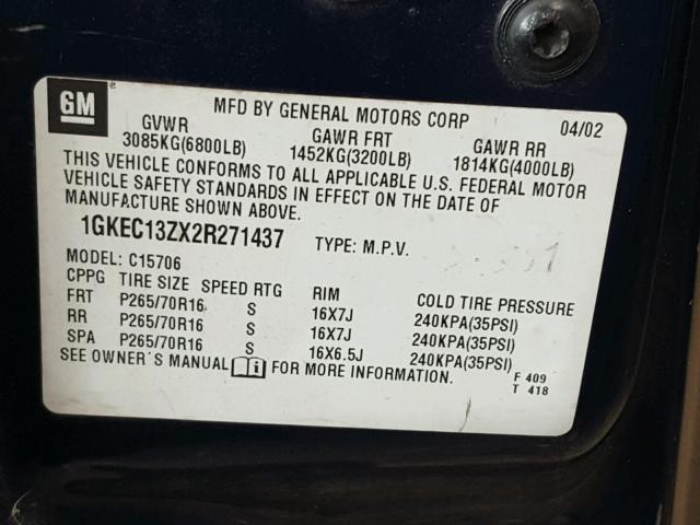 1GKEC13ZX2R271437 - 2002 GMC YUKON BLUE photo 10