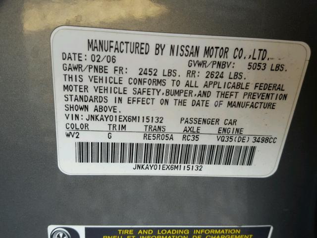 JNKAY01EX6M115132 - 2006 INFINITI M35 BASE CHARCOAL photo 10