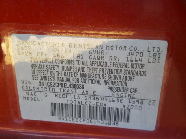 3N1CE2CP0EL436038 - 2014 NISSAN VERSA NOTE RED photo 10