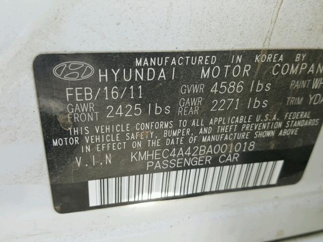 KMHEC4A42BA001018 - 2011 HYUNDAI SONATA HYB WHITE photo 10