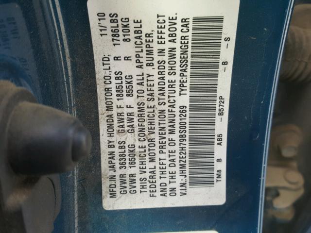 JHMZE2H79BS001269 - 2011 HONDA INSIGHT EX BLUE photo 10