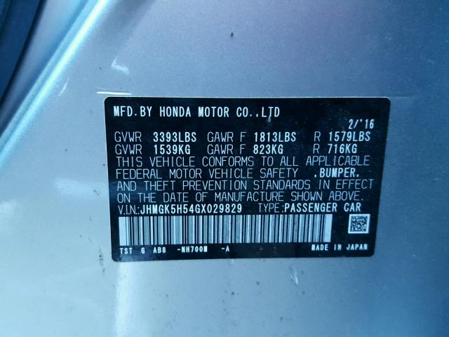 JHMGK5H54GX029829 - 2016 HONDA FIT LX Gümüş fotoğraf 10