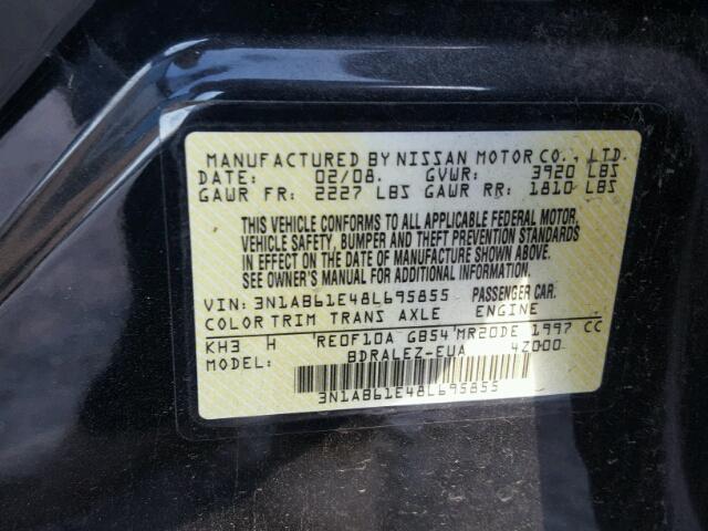 3N1AB61E48L695855 - 2008 NISSAN SENTRA 2.0 BLACK photo 10