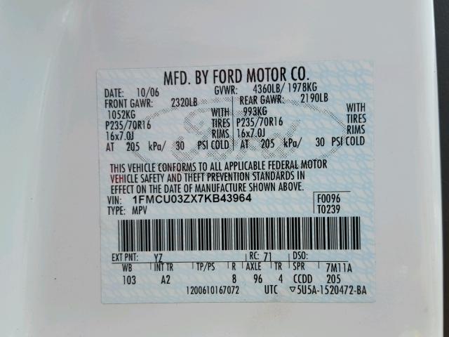 1FMCU03ZX7KB43964 - 2007 FORD ESCAPE XLT WHITE photo 10