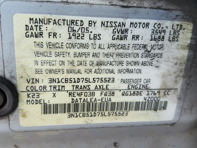 3N1CB51D75L575523 - 2005 NISSAN SENTRA 1.8 SILVER photo 10