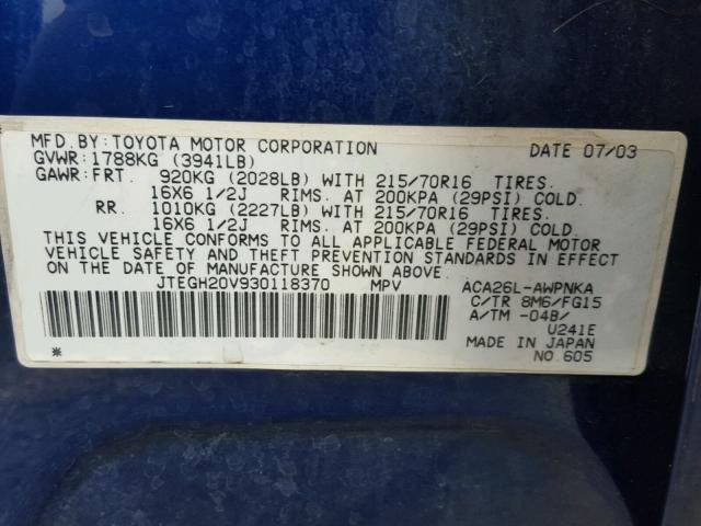 JTEGH20V930118370 - 2003 TOYOTA RAV4 BLUE photo 10