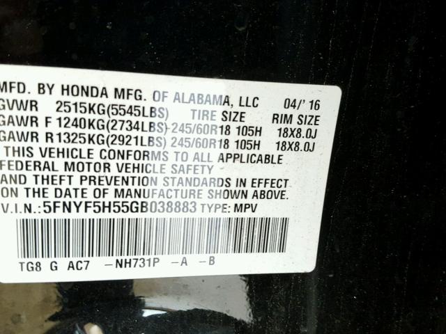 5FNYF5H55GB038883 - 2016 HONDA PILOT EXL BLACK photo 10