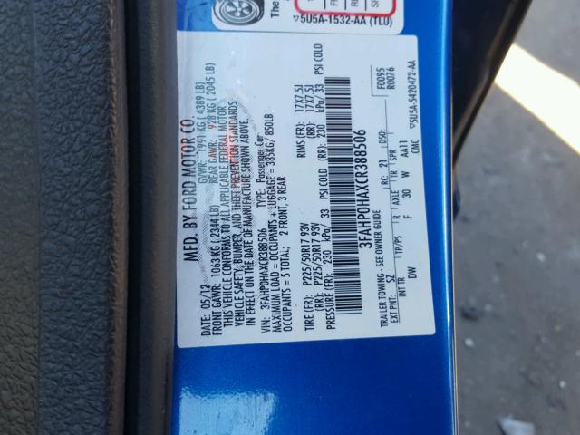 3FAHP0HAXCR388506 - 2012 FORD FUSION SE BLUE photo 10