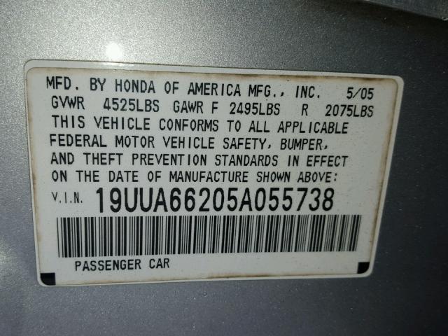 19UUA66205A055738 - 2005 ACURA TL SILVER photo 10