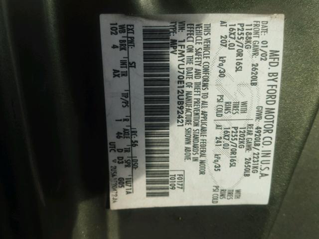 1FMYU70E12UB92421 - 2002 FORD EXPLORER S 绿色 照片 10