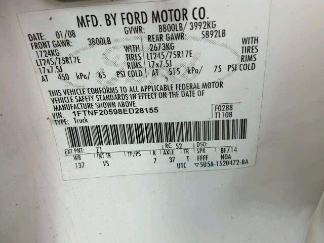 1FTNF20598ED28155 - 2008 FORD F250 SUPER WHITE photo 10