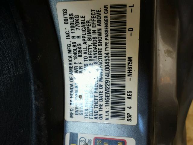 1HGEM22914L004534 - 2004 HONDA CIVIC EX 灰色 照片 10