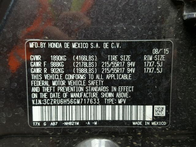 3CZRU6H56GM717633 - 2016 HONDA HR-V EX BLACK photo 10