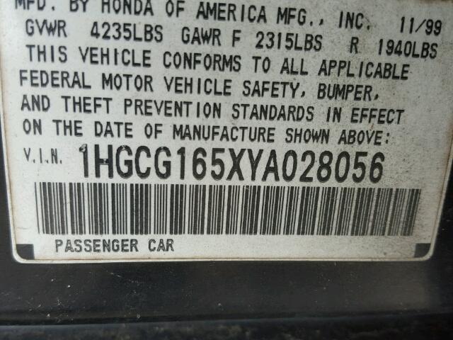 1HGCG165XYA028056 - 2000 HONDA ACCORD EX BLACK photo 10