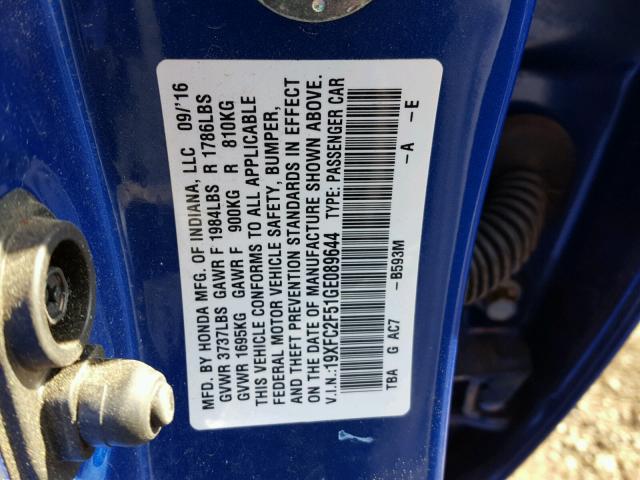 19XFC2F51GE089644 - 2016 HONDA CIVIC LX BLUE photo 10