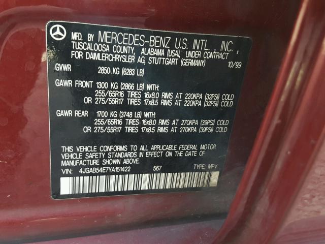 4JGAB54E7YA151422 - 2000 MERCEDES-BENZ ML 320 MAROON photo 10