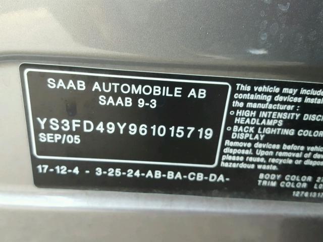 YS3FD49Y961015719 - 2006 SAAB 9-3 BASE GRAY photo 10