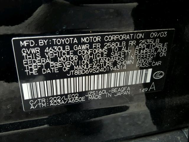 JT8BD69S240194314 - 2004 LEXUS GS 300 BLACK photo 10