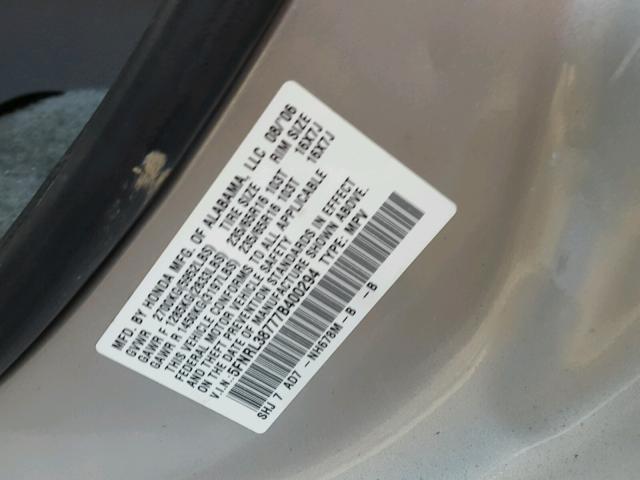 5FNRL38777B400294 - 2007 HONDA ODYSSEY EX SILVER photo 10