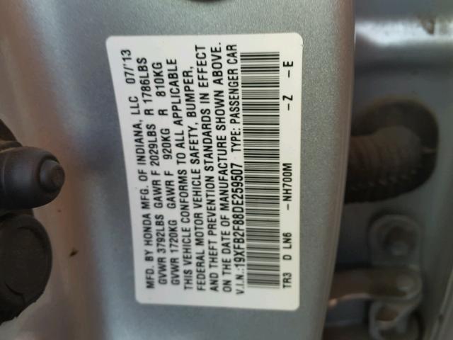 19XFB2F88DE259507 - 2013 HONDA CIVIC EX SILVER photo 10