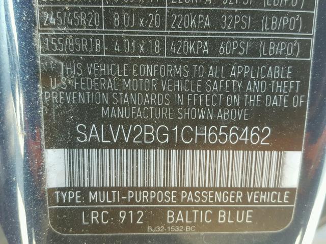 SALVV2BG1CH656462 - 2012 LAND ROVER RANGE ROVE BLUE photo 10