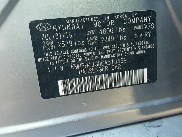 KMHFH4JG8GA513499 - 2016 HYUNDAI AZERA LIMI GRAY photo 10