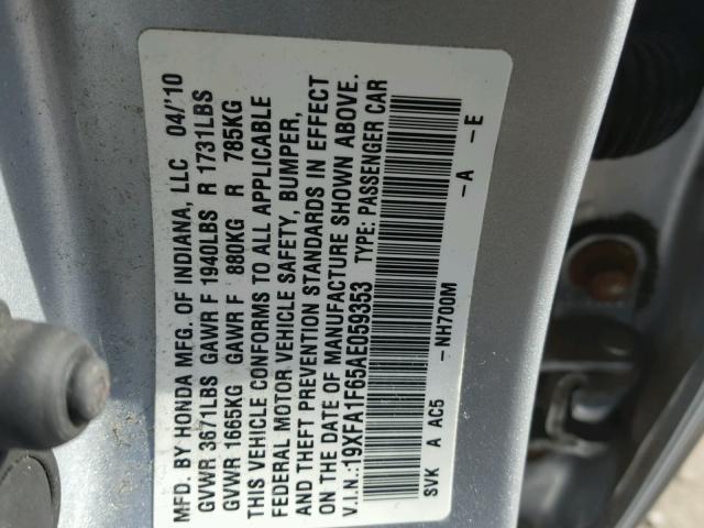 19XFA1F65AE059353 - 2010 HONDA CIVIC SILVER photo 10