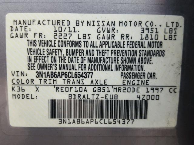 3N1AB6AP6CL654377 - 2012 NISSAN SENTRA 2.0 GRAY photo 10