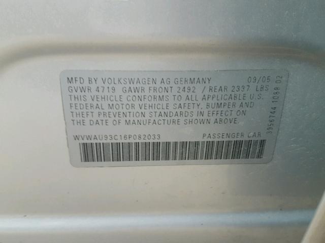 WVWAU93C16P082033 - 2006 VOLKSWAGEN PASSAT SILVER photo 10