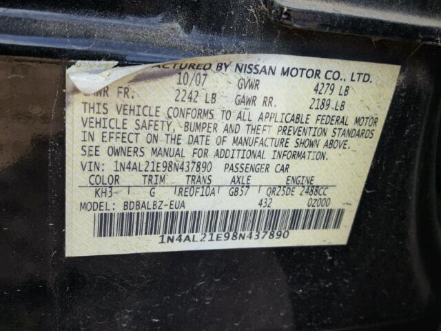 1N4AL21E98N437890 - 2008 NISSAN ALTIMA 2.5 BLACK photo 10