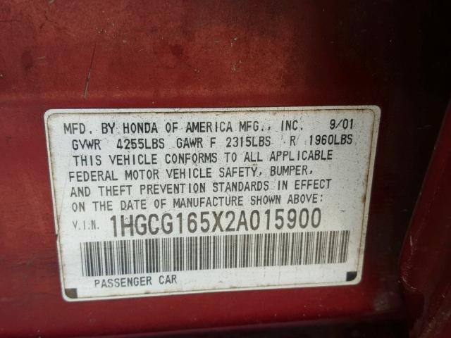 1HGCG165X2A015900 - 2002 HONDA ACCORD EX BURGUNDY photo 10