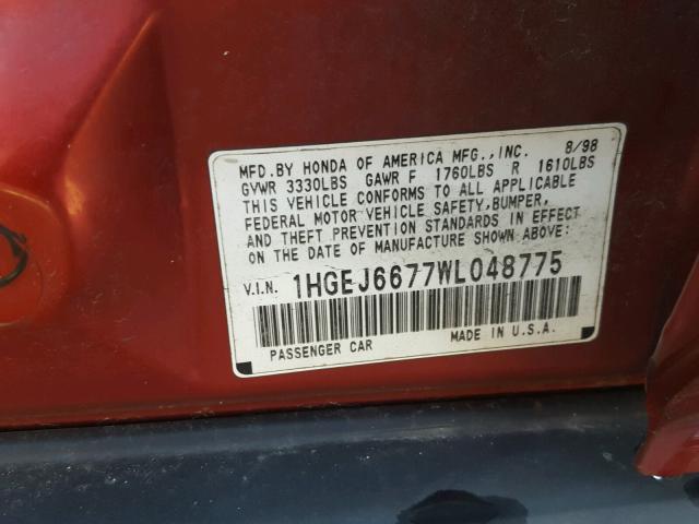 1HGEJ6677WL048775 - 1998 HONDA CIVIC LX RED photo 10