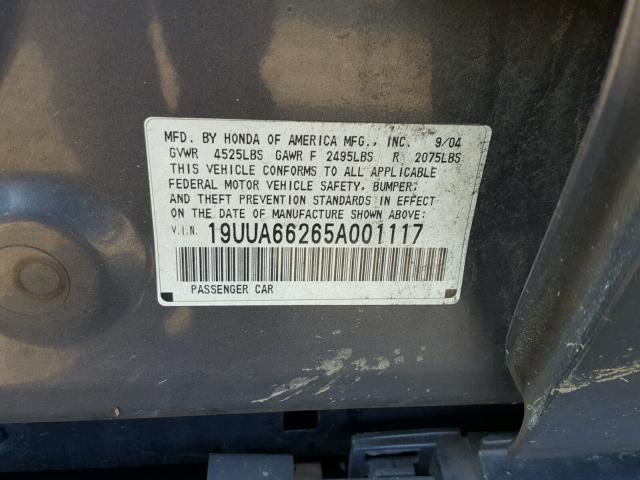 19UUA66265A001117 - 2005 ACURA TL GRAY photo 10