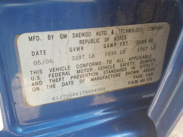KL1TD66617B694994 - 2007 CHEVROLET AVEO BASE Көк фото 10