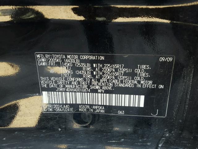 JTMYF4DV6AD016874 - 2010 TOYOTA RAV4 LIMIT BLACK photo 10