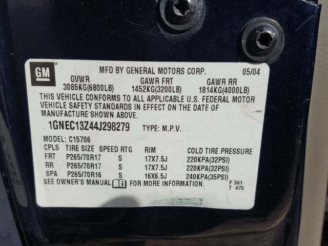 1GNEC13Z44J298279 - 2004 CHEVROLET TAHOE C150 BLUE photo 10