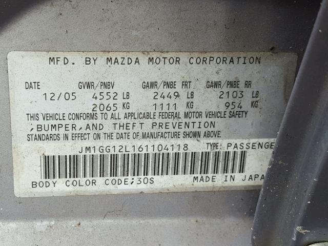 JM1GG12L161104118 - 2006 MAZDA SPEED 6 GRAY photo 10