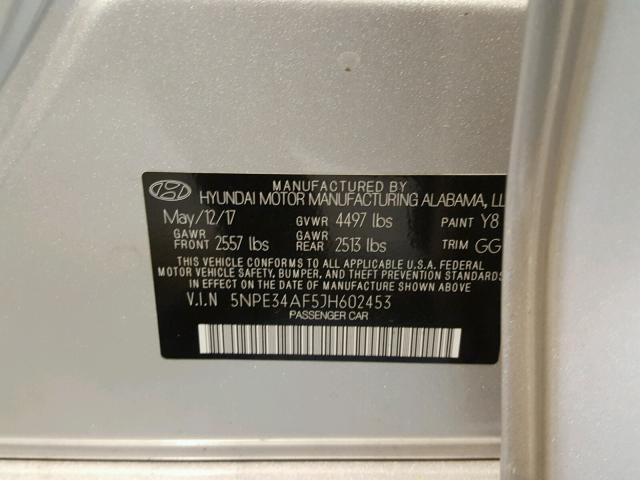 5NPE34AF5JH602453 - 2018 HYUNDAI SONATA SPO SILVER photo 10