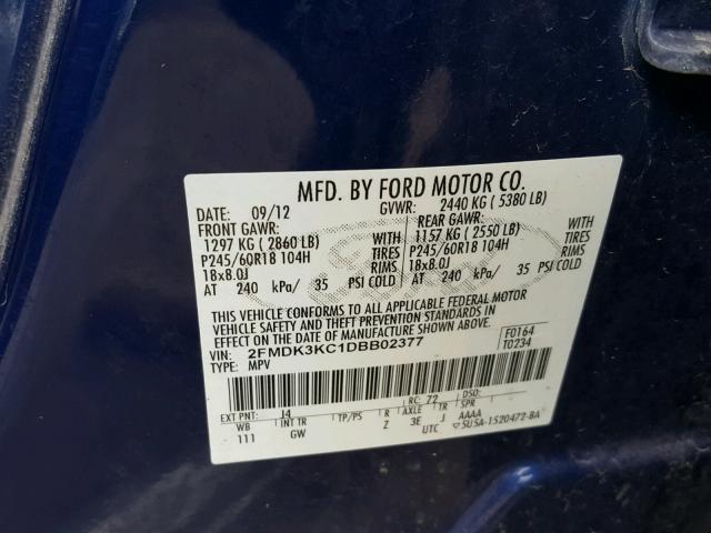 2FMDK3KC1DBB02377 - 2013 FORD EDGE LIMIT BLUE photo 10