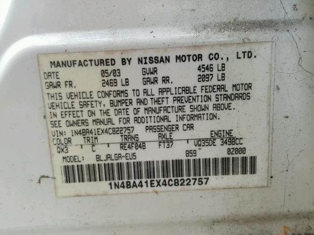 1N4BA41EX4C822757 - 2004 NISSAN MAXIMA SE WHITE photo 10