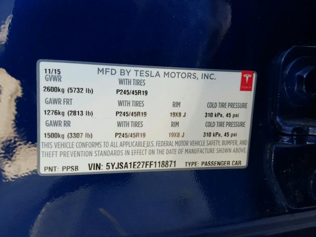 5YJSA1E27FF118871 - 2015 TESLA MODEL S Կապույտ լուսանկար 10