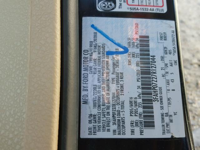 3FAHP07Z27R127044 - 2007 FORD FUSION SE BLACK photo 10