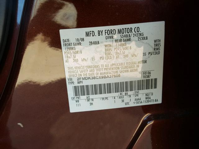 2FMDK38CX9BA37608 - 2009 FORD EDGE SEL MAROON photo 10